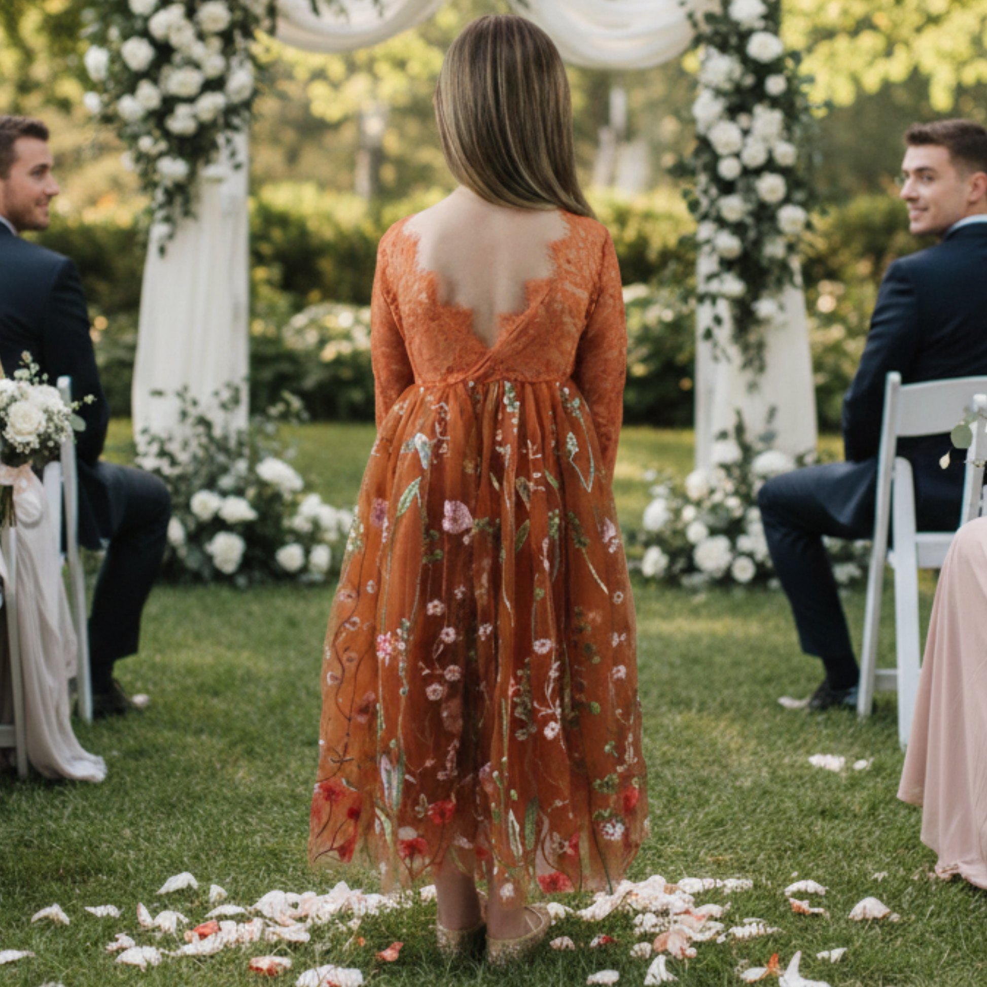 Floral Flower Girl Dress in Burnt Orange Long Sleeves lace and tulle