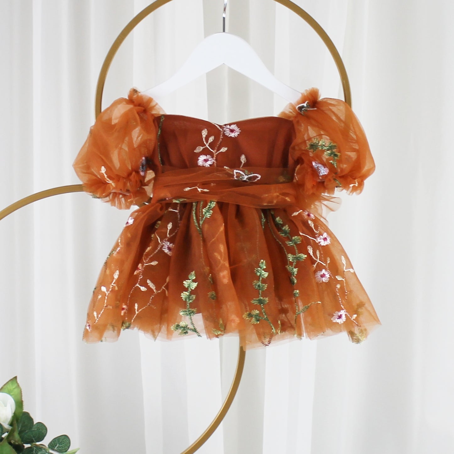 Fall floral dress for toddlers and girls in warm burnt orange embroidered tulle