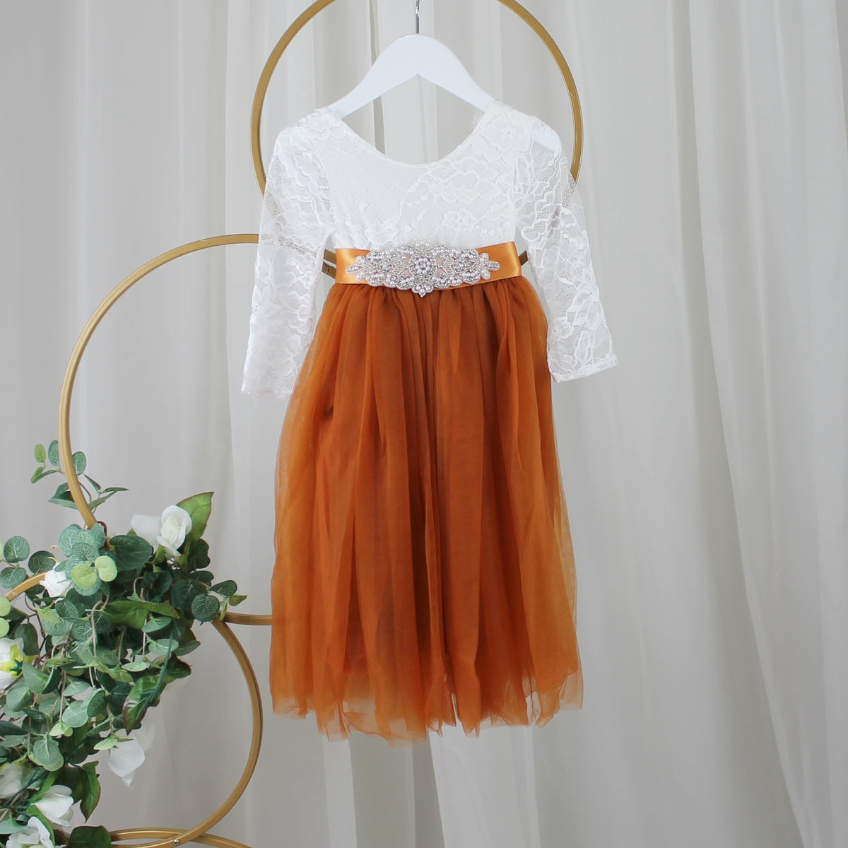 Toddler flower girl dress in burnt orange tulle and white lace