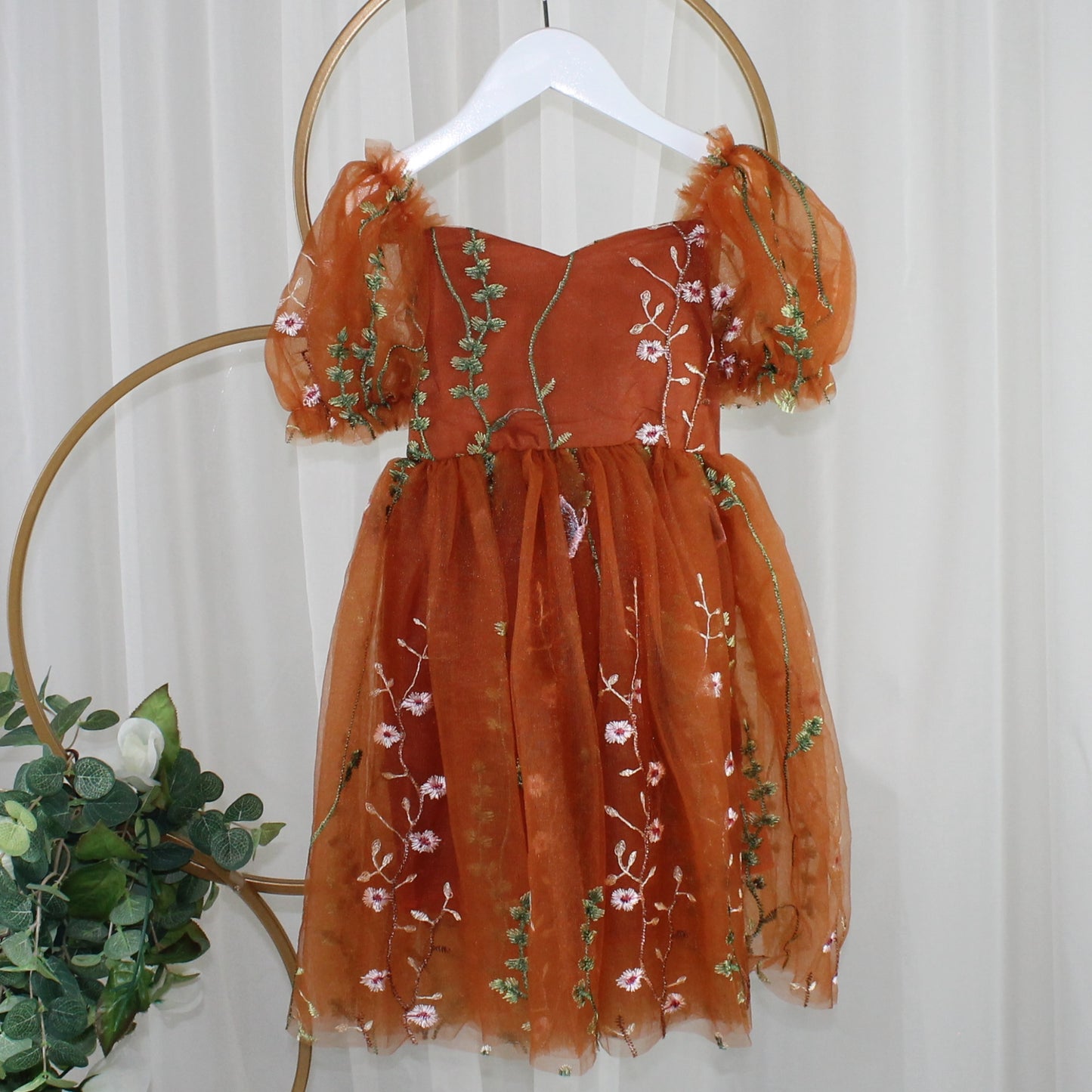 Thanksgiving baby dress in burnt orange floral tulle with built-in bodysuit