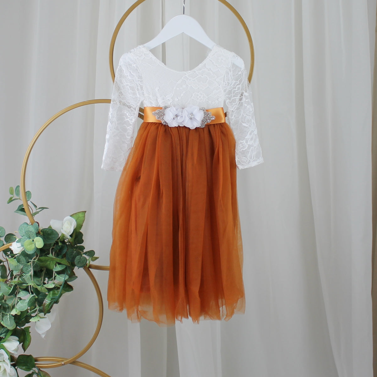 Fall flower girl dress in burnt orange tulle and white lace long sleeves