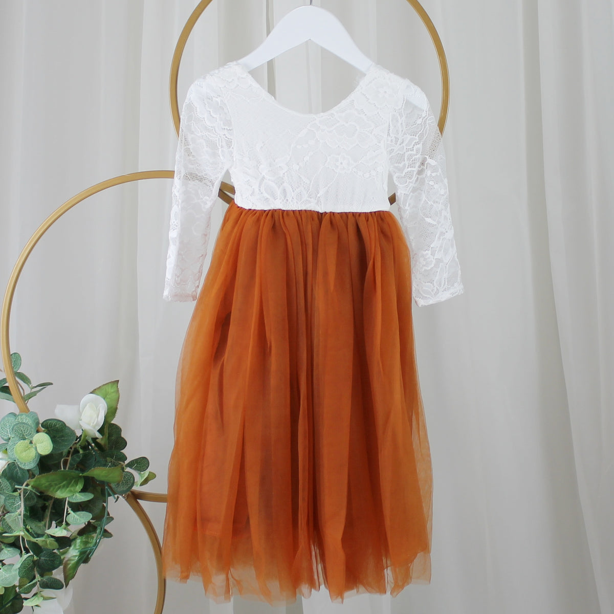 Baby flower girl dress in burnt orange tulle and white lace
