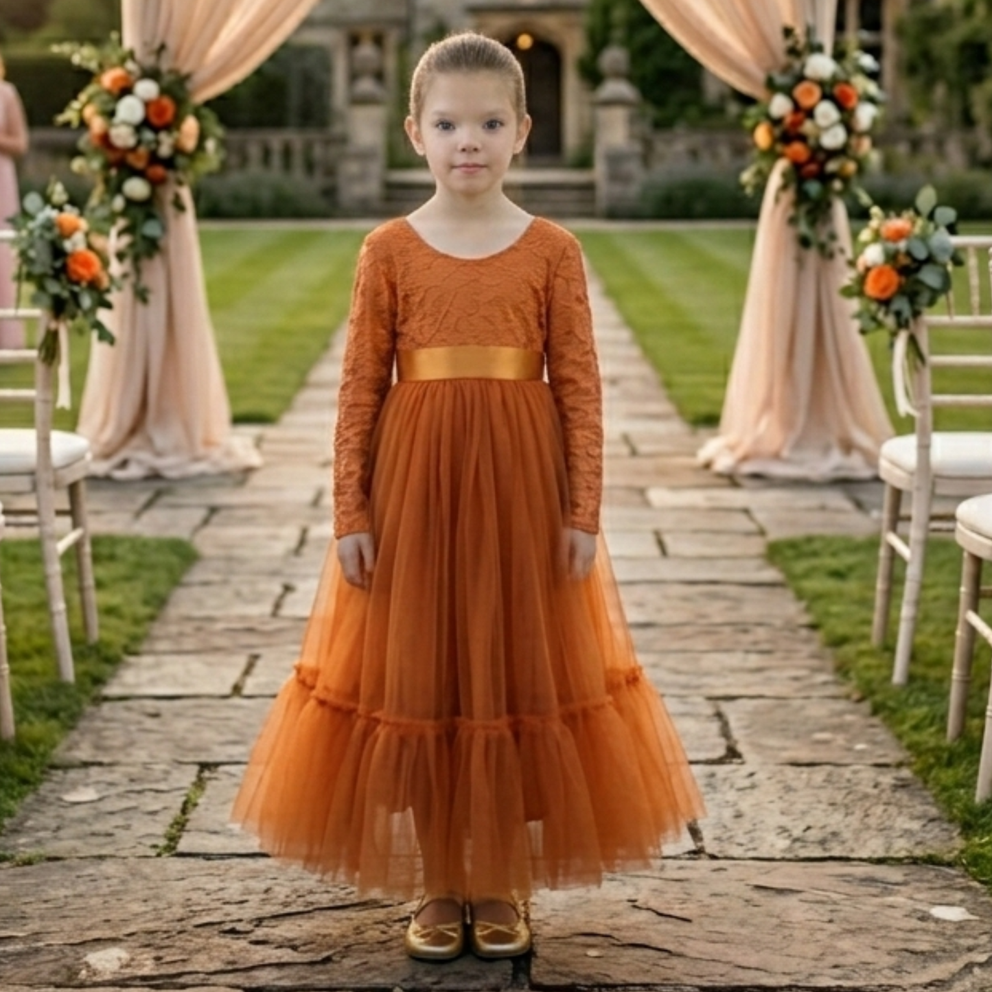 burnt orange flower girl dress in a mermaid style with long lace sleeves