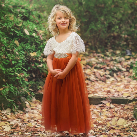 burnt orange flower girl dress with lace and tulle.
