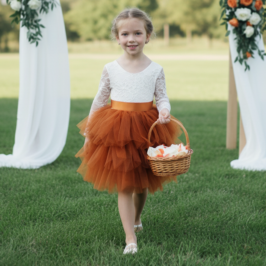 Burnt Orange Flower Girl dress in long sleeves and knee length style