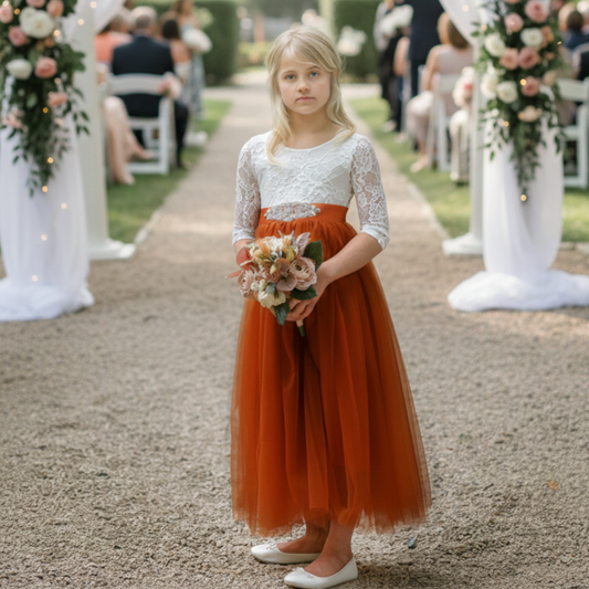 burnt orange flower girl dress and junior bridesmaid tulle and lace burnt orange dress