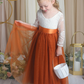 Fall flower girl dress with burnt orange tulle skirt and large flower sash