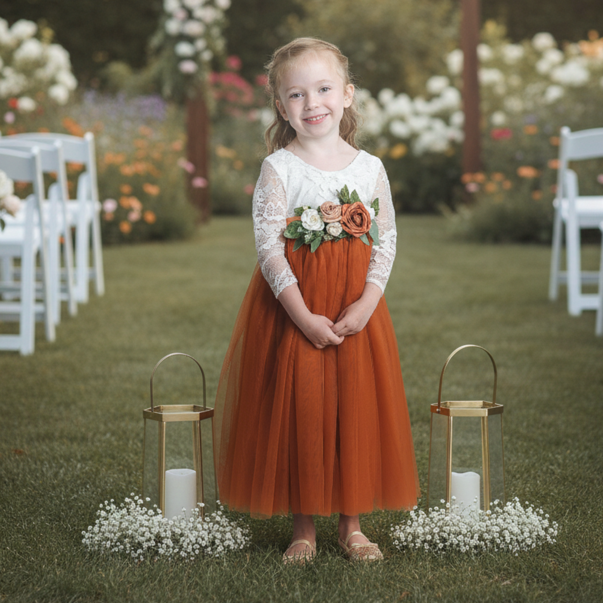 white and burnt orange flower girl dress Burnt Orange Flower Girl Dress Long Sleeve Junior Bridesmaid Tulle Dress 11/12 / Dress/Flower Jewel Sash