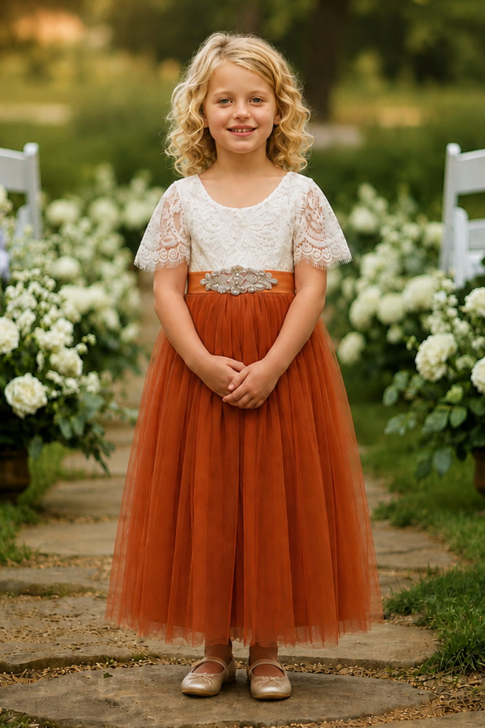 Fall flower girl dress in burnt orange with white lace for an autumn wedding