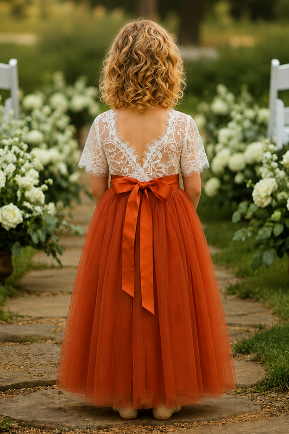 Short sleeve flower girl dress in burnt orange tulle with delicate white lace
