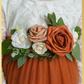 Flower girl dress with large flower sash, white lace bodice and burnt orange tulle