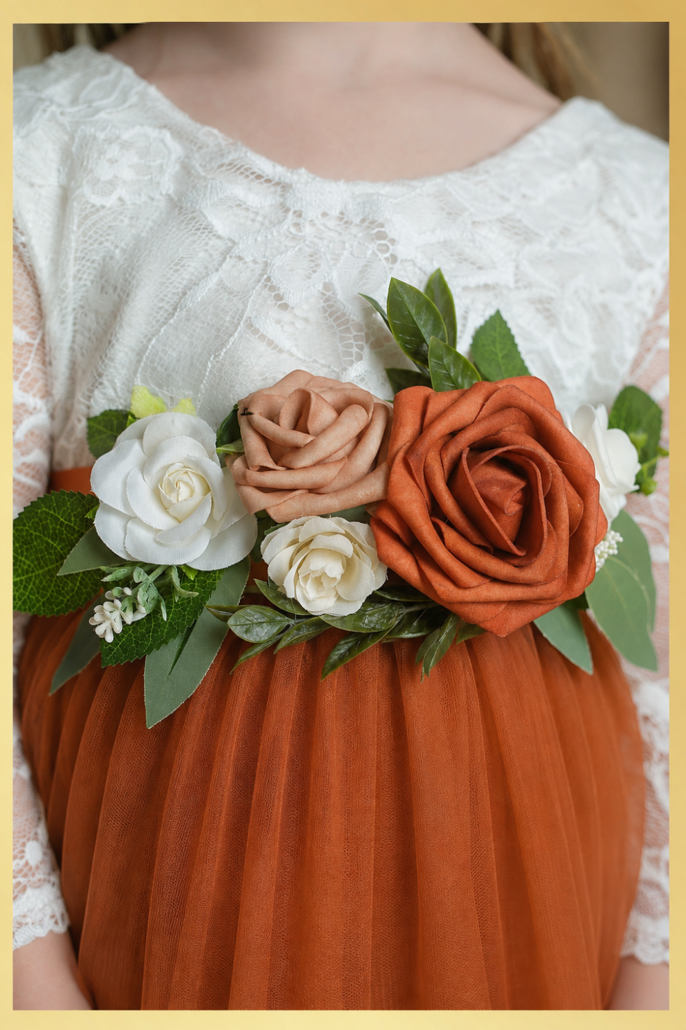 Flower girl dress with large flower sash, white lace bodice and burnt orange tulle