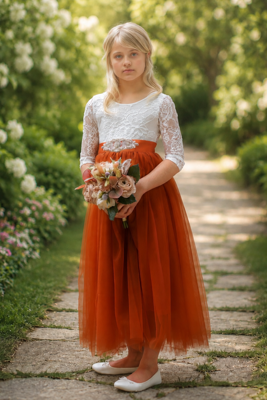 Burnt orange long sleeve flower girl dress
