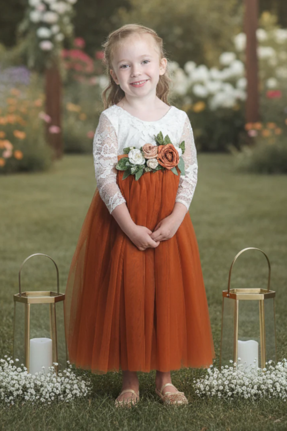 Burnt Orange Flower Girl Dress with custom floral sash
