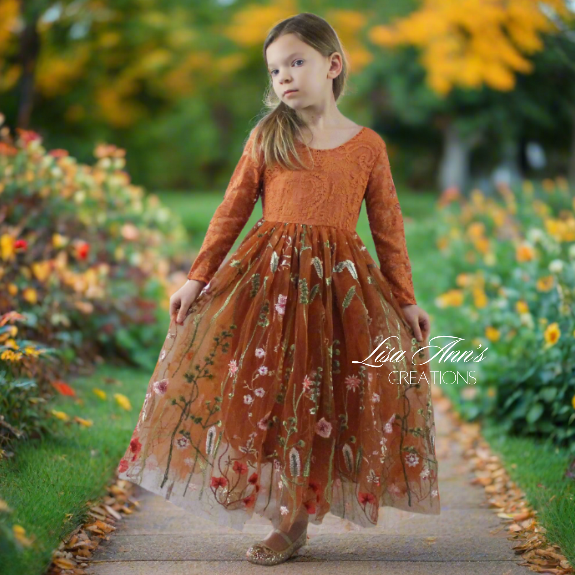 burnt orange floral dress Burnt Orange Floral Flower Girl Dress or any Special Occasion 6 / Dress/Plain Sash