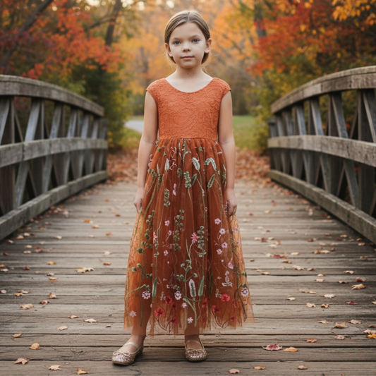 Toddler Flower girl dress in burnt orange floral. Burnt orange sleeveless lace top and burnt orange floral tulle bottom. 