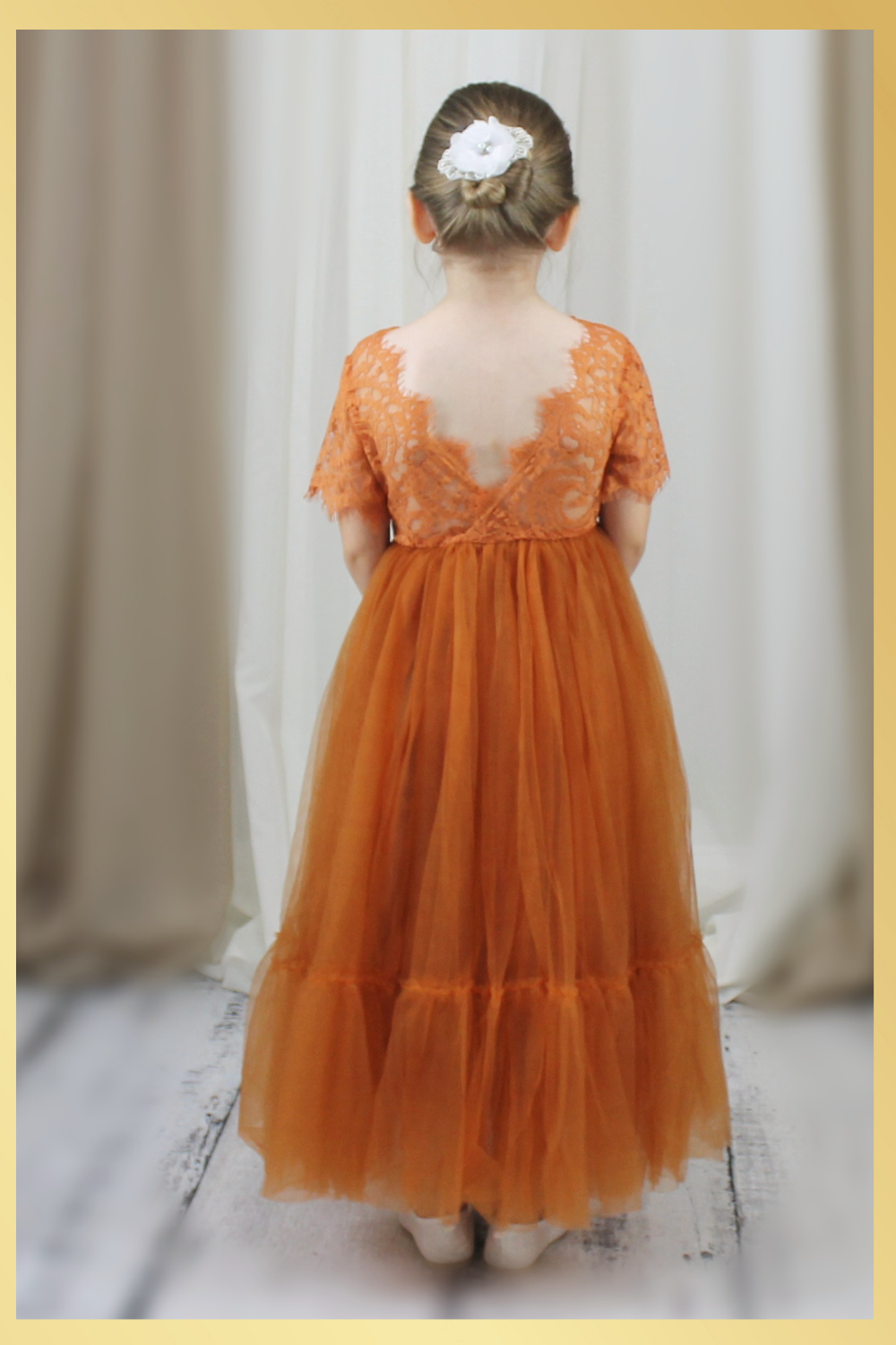 Flower Girl dress in burnt orange lace and tulle