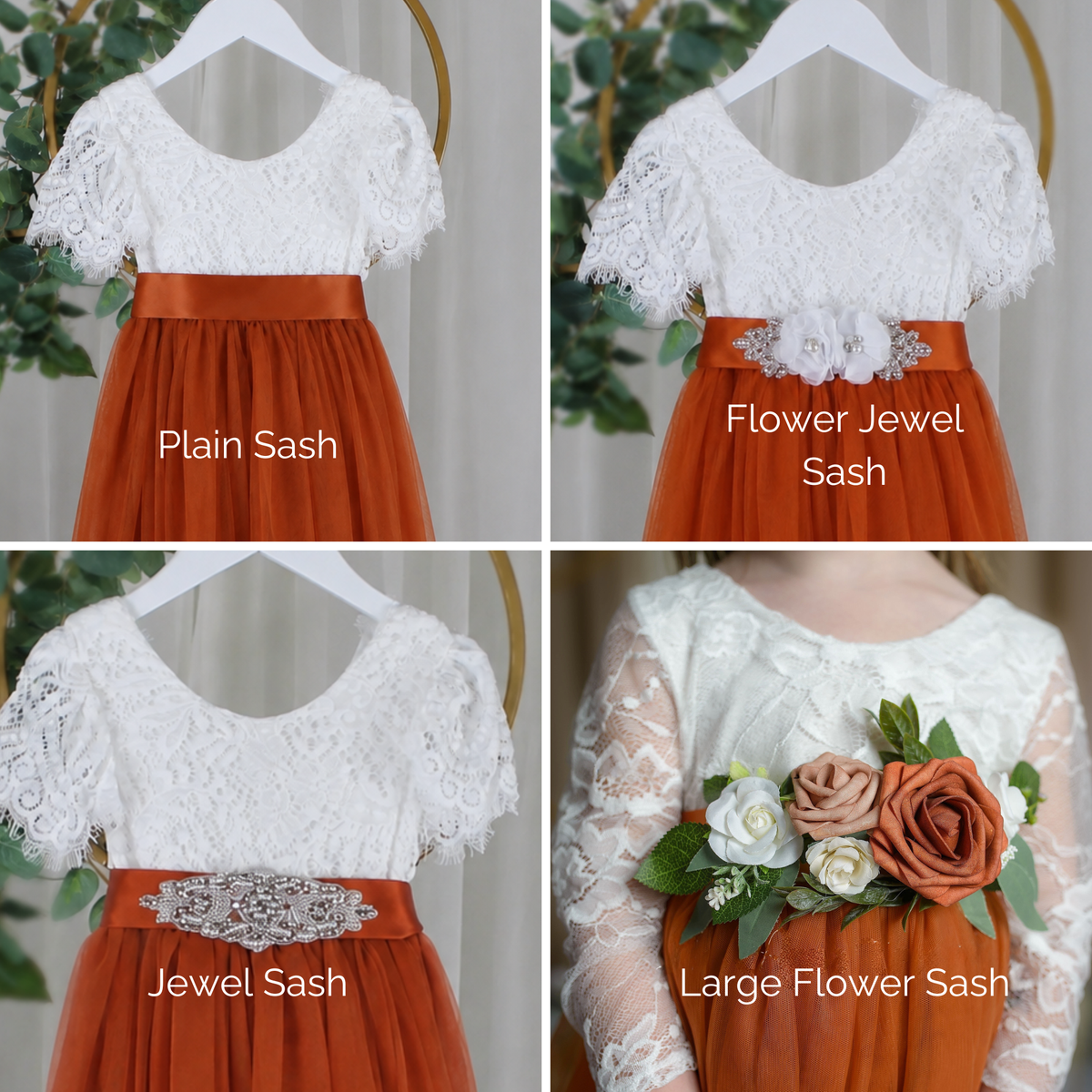 Fall wedding flower girl dress in burnt orange with white lace and jewel sash