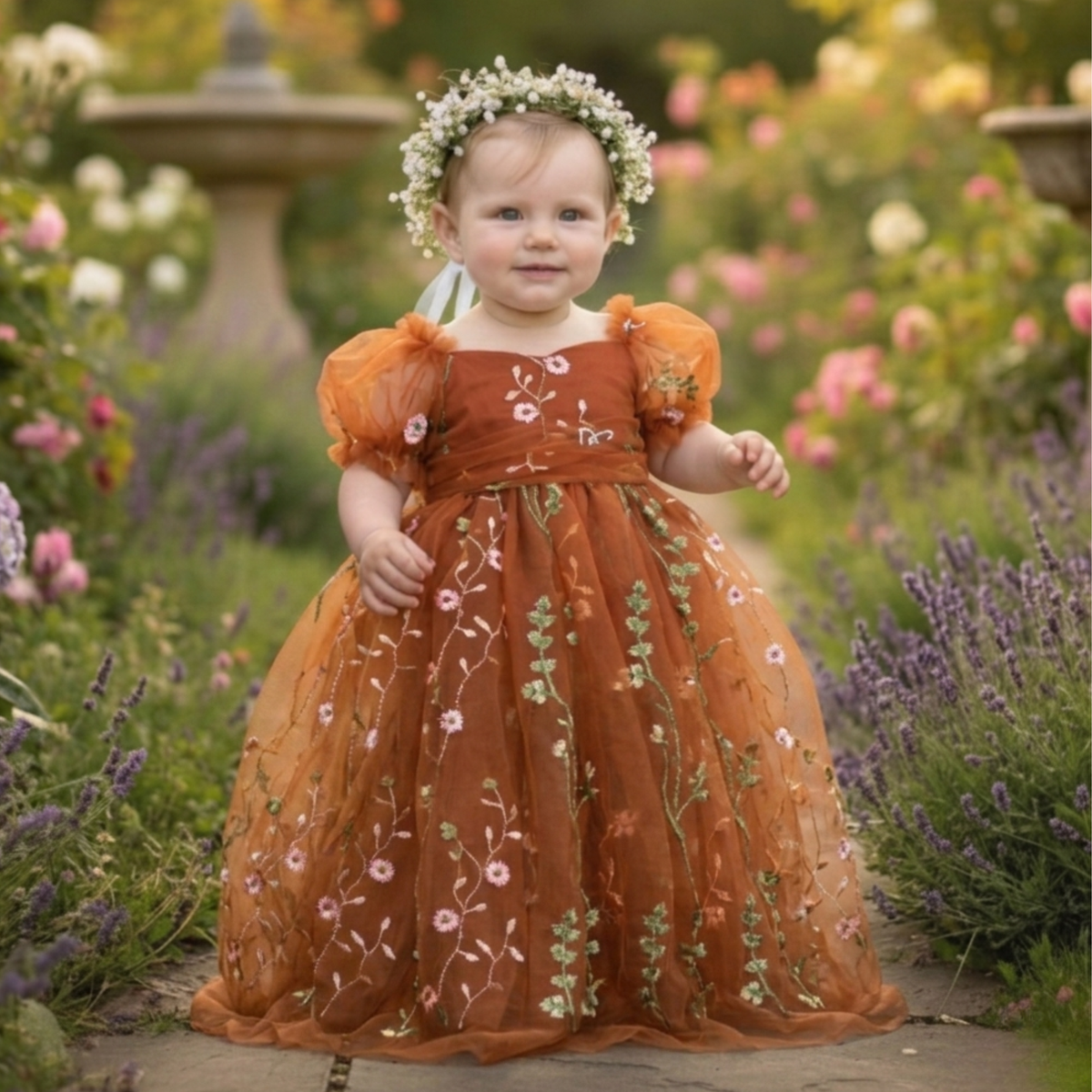 baby flower girl dress in burnt orange floral embroidered tulle. Featuring a sweat heart neckline, puffy short sleeves and a full length dress.