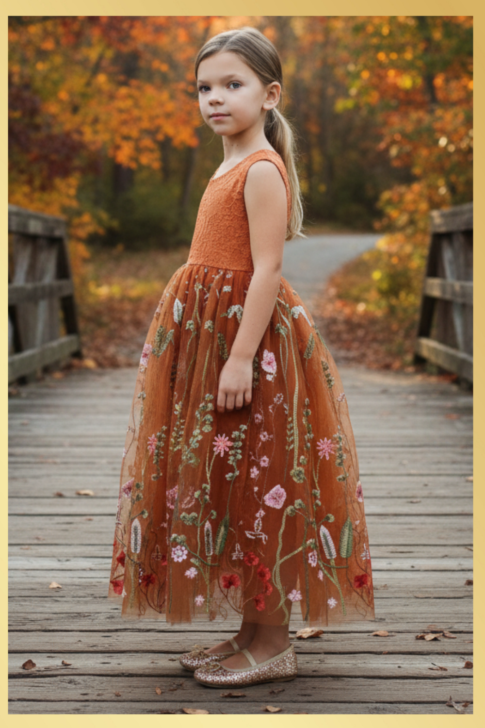 Burnt orange floral embroidery girls' dress. Sleeveless lace sleeves with a floral full length style. perfect for flower girls and special occasions. sizes for babies, toddlers and preteens. 