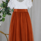 Lace flower girl dress with short sleeves, burnt orange tulle and satin sash