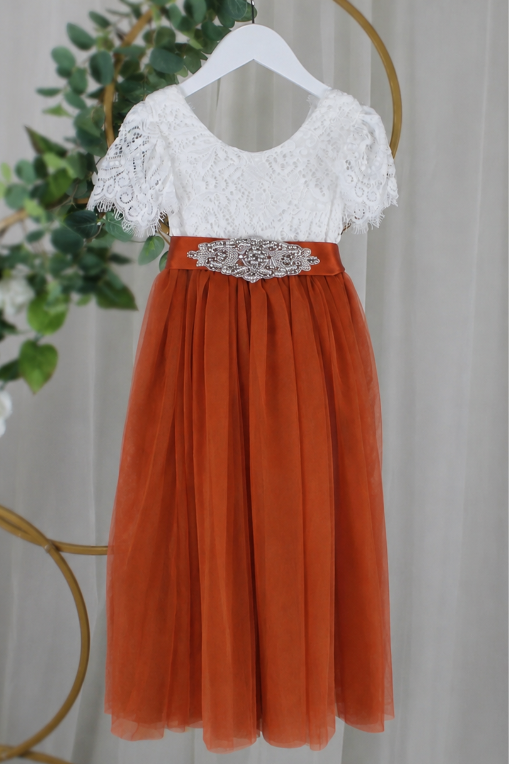 Tulle flower girl dress in burnt orange with white lace and flower jewel sash
