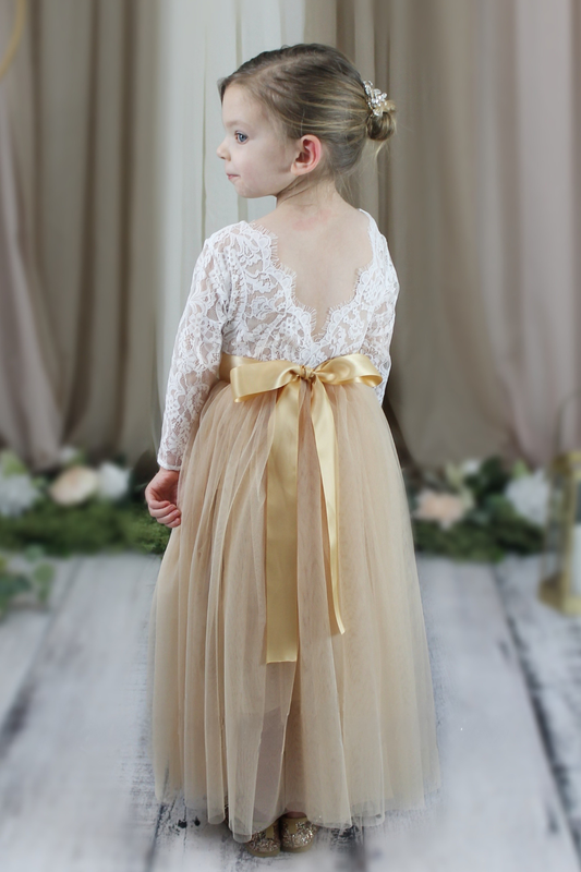 Champagne flower girl dress with full length tulle and white lace long sleeve bodice 