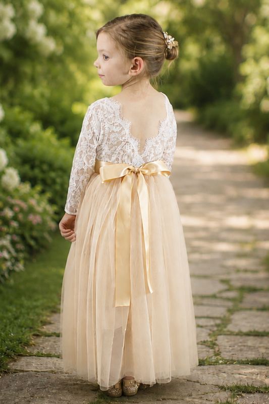 toddler flower girl dress in champagne tulle and white lace long sleeves. 