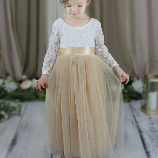 Flower girl dress in champagne tulle and white lace