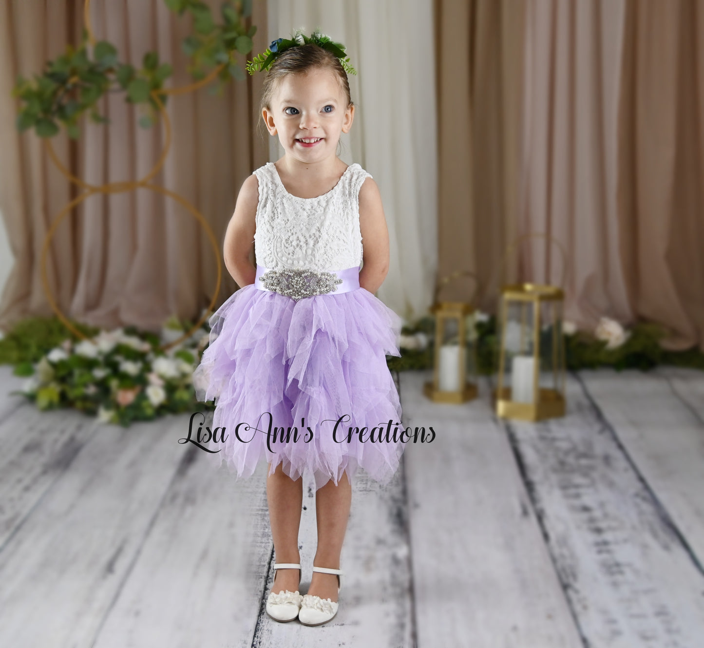 lavender flower girl dress in tulle and white lace. 
