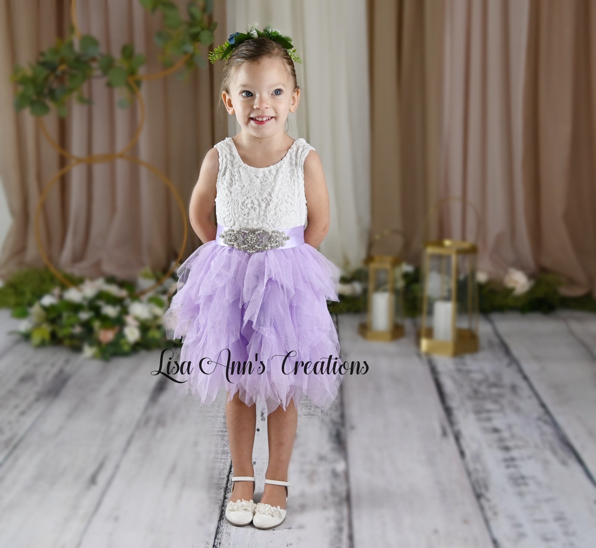 lavender flower girl dress in tulle and white lace. 