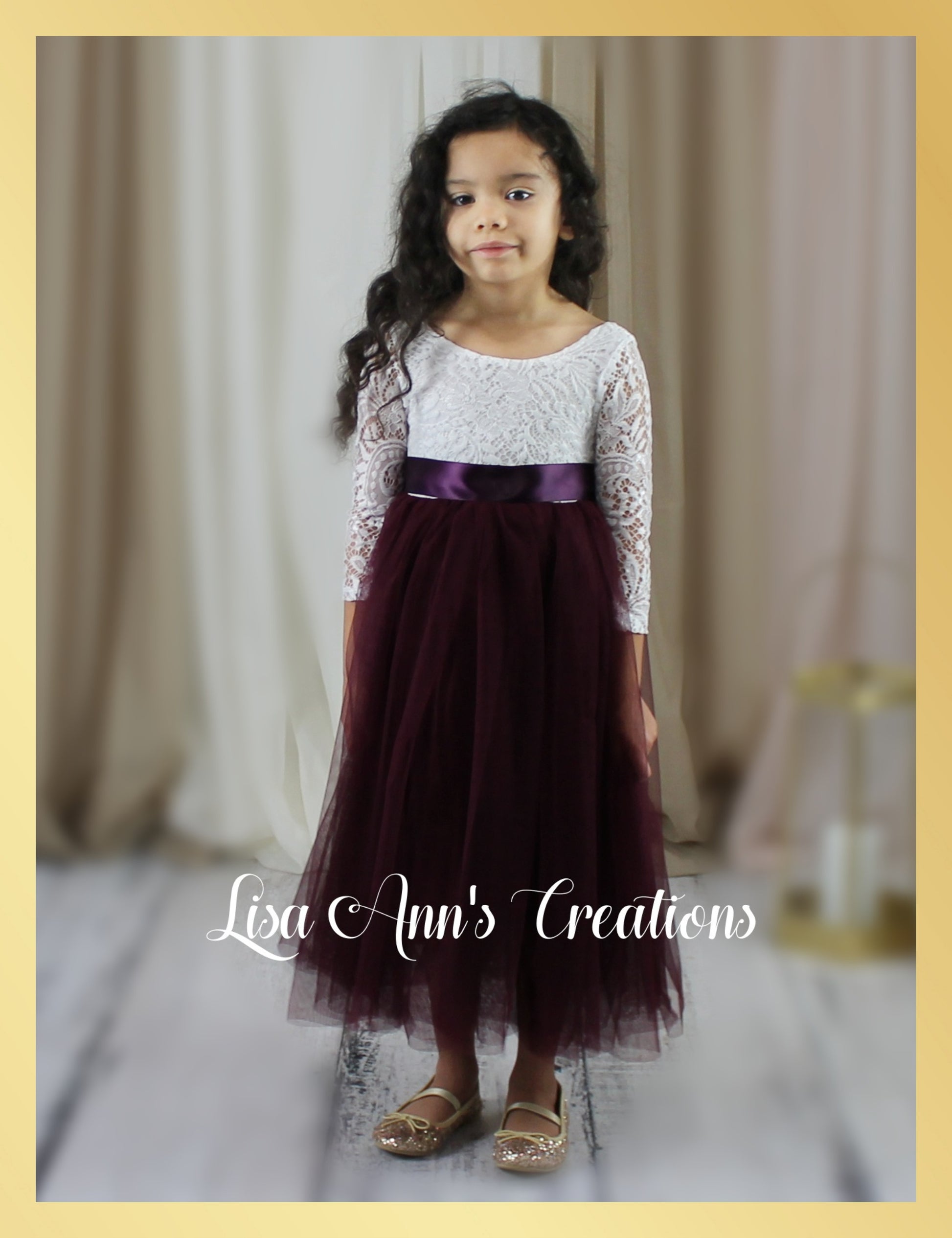 flower girl dress in dark plum tulle and soft white lace