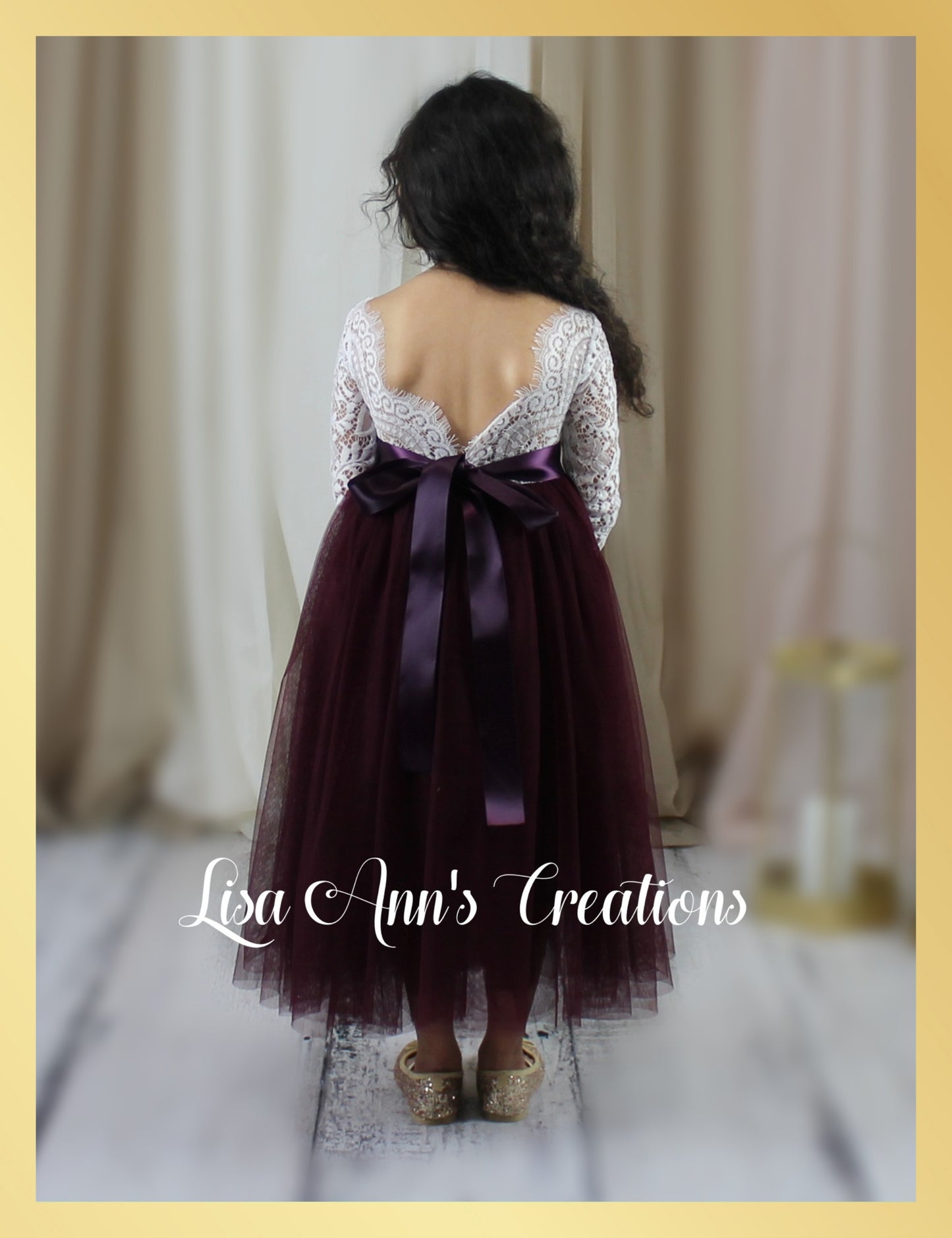 Long sleeve flower girl dress in dark plum