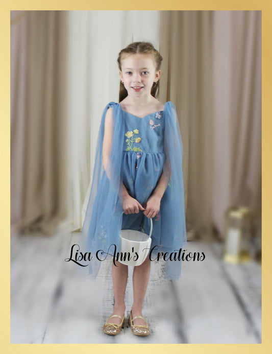 Flower Girl Dress Dusty blue floral embroidery