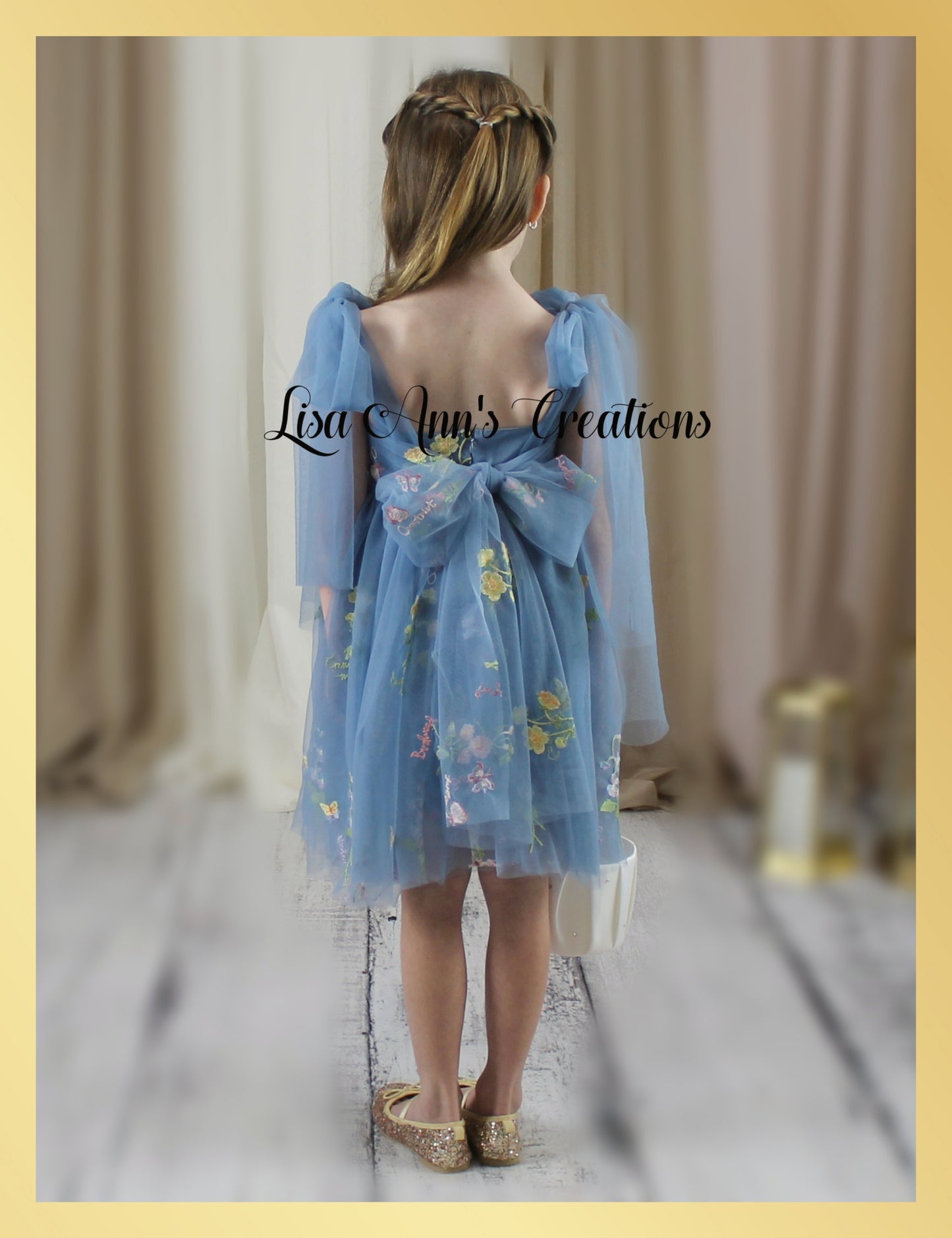 floral flower girl dress in dusty blue tulle