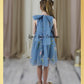 Embroidered flower girl dress with dusty blue tulle