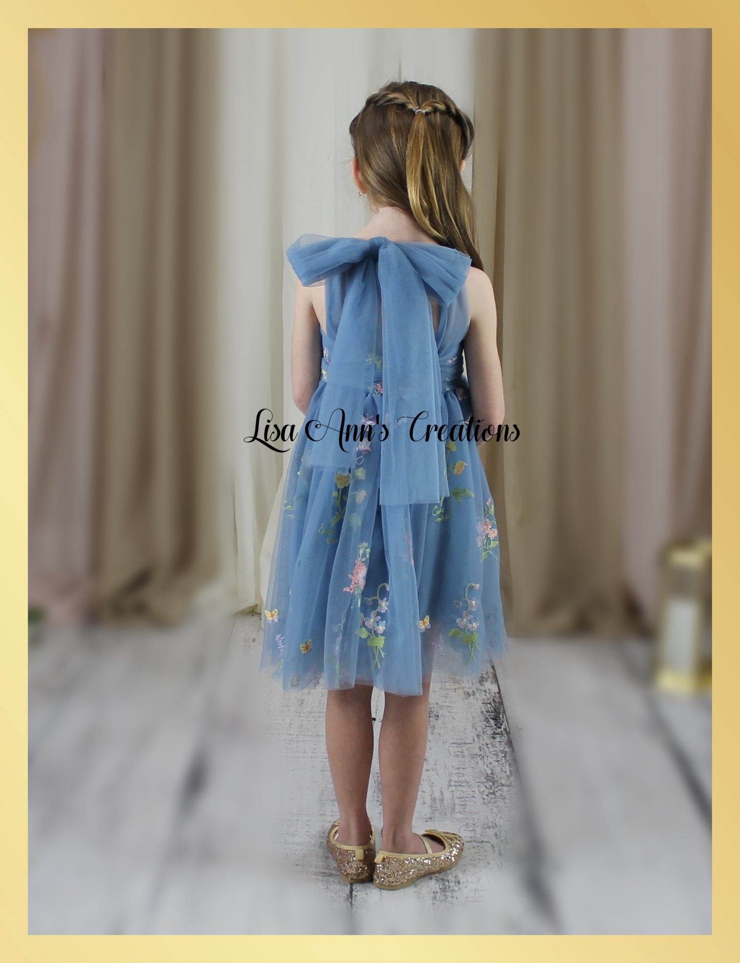 Embroidered flower girl dress with dusty blue tulle