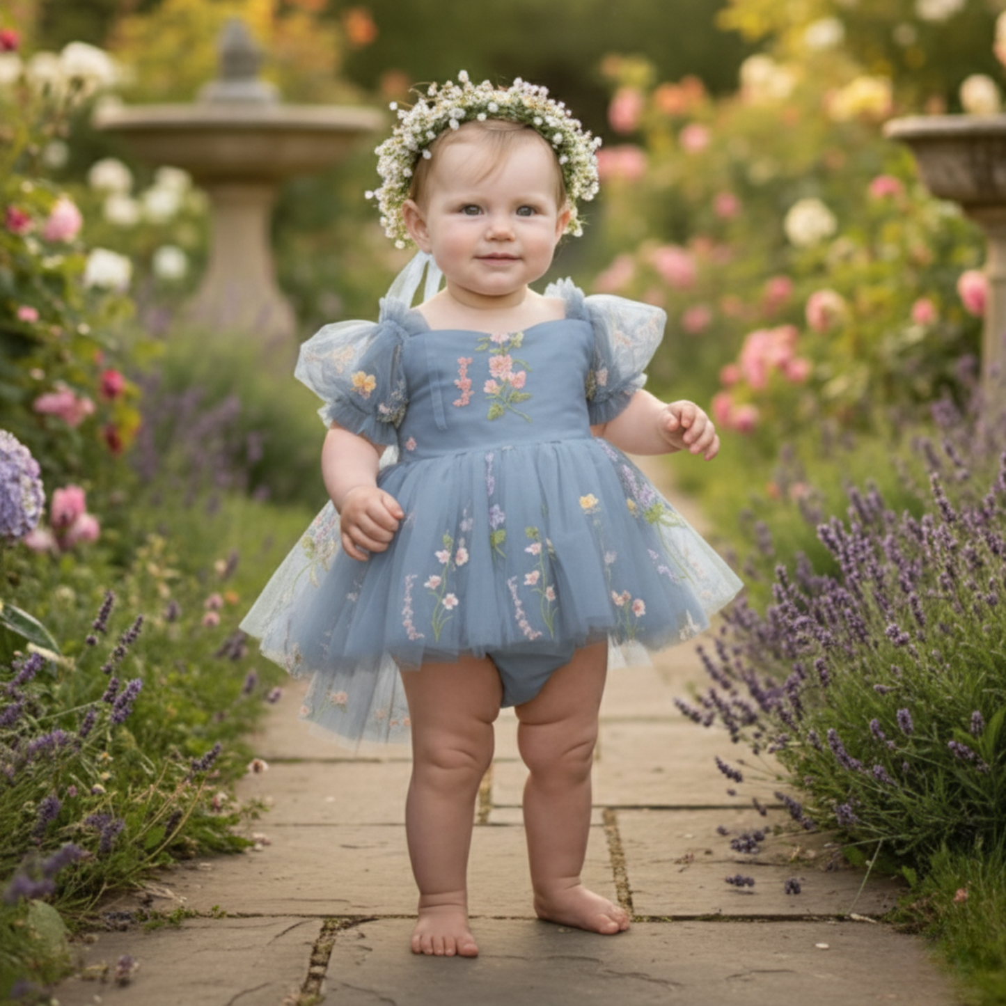 The Wildflower - Baby Floral Dress - Dusty Blue
