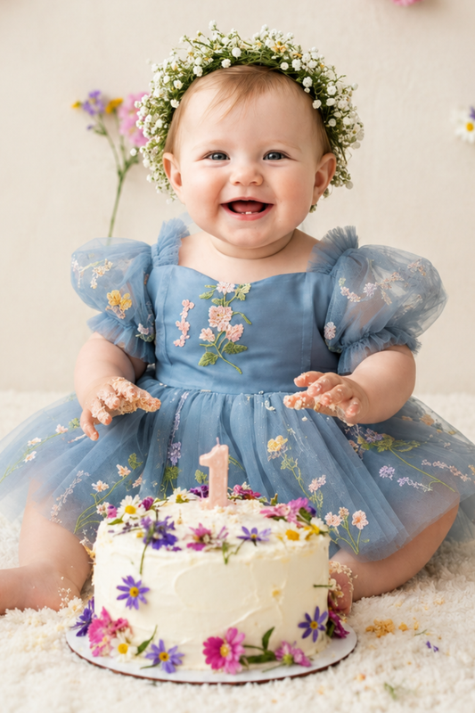 Wildflower first birthday baby girl dress in dusty blue embroidered flowers. 
