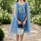 embroidered floral flower girl dress in dusty blue tulle, sleeveless and knee length style. 