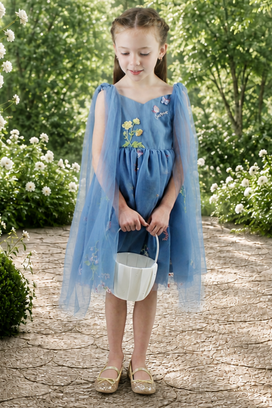 embroidered floral flower girl dress in dusty blue tulle, sleeveless and knee length style. 