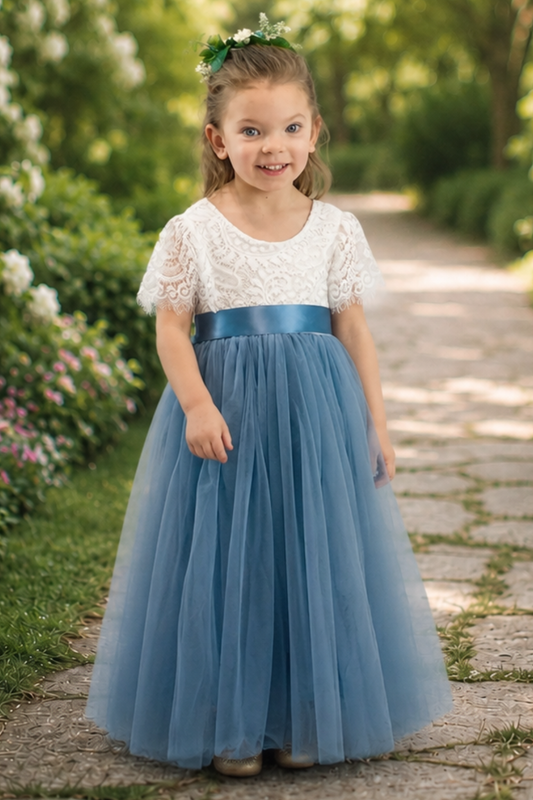 long formal dress for a wedding for a flower girl to wear. In a dusty blue tulle and white short sleeve lace. Full skirt . 