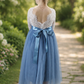 flower girl dress in dusty blue tulle and white lace.  Long Sleeve style and ankle length dress. 