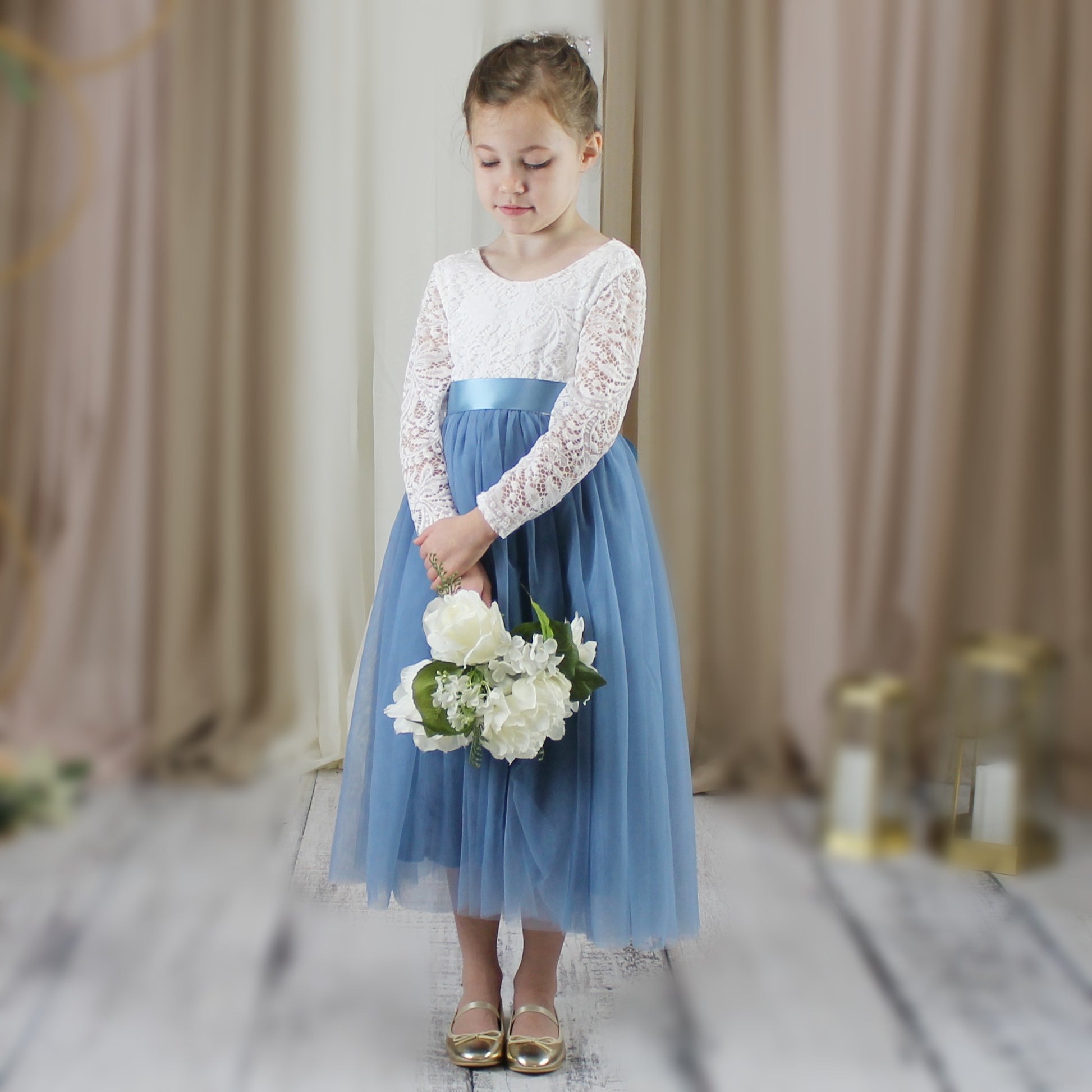 Flower Girl Dress Long Sleeve Dusty Blue Tulle Lisa Ann's Creations Flower Girl Dress Long Sleeve Dusty Blue Tulle Lisa Ann's Creations
