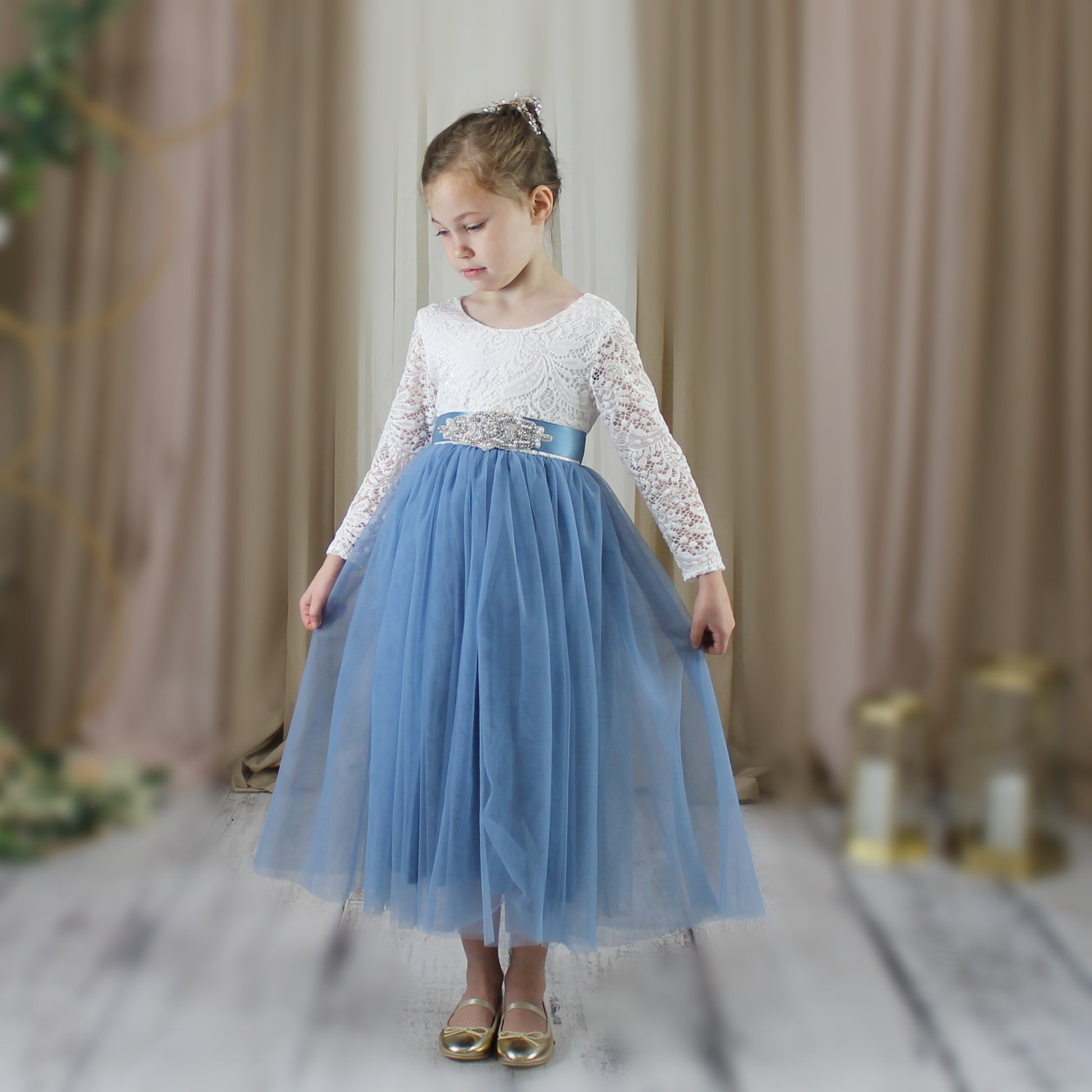 Flower Girl Dress Long Sleeve Dusty Blue Tulle 11/12 / Dress/Jewel Sash Flower Girl Dress Long Sleeve Dusty Blue Tulle 11/12 / Dress/Jewel Sash
