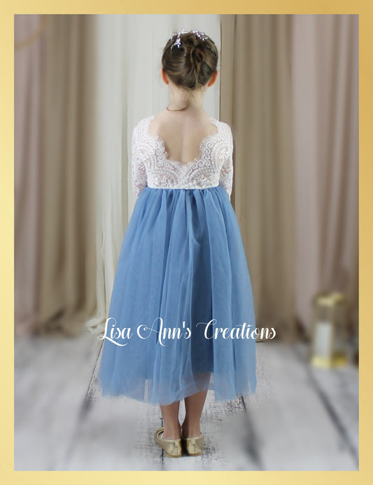 Junior Bridesmaid dusty blue tulle and lace dress