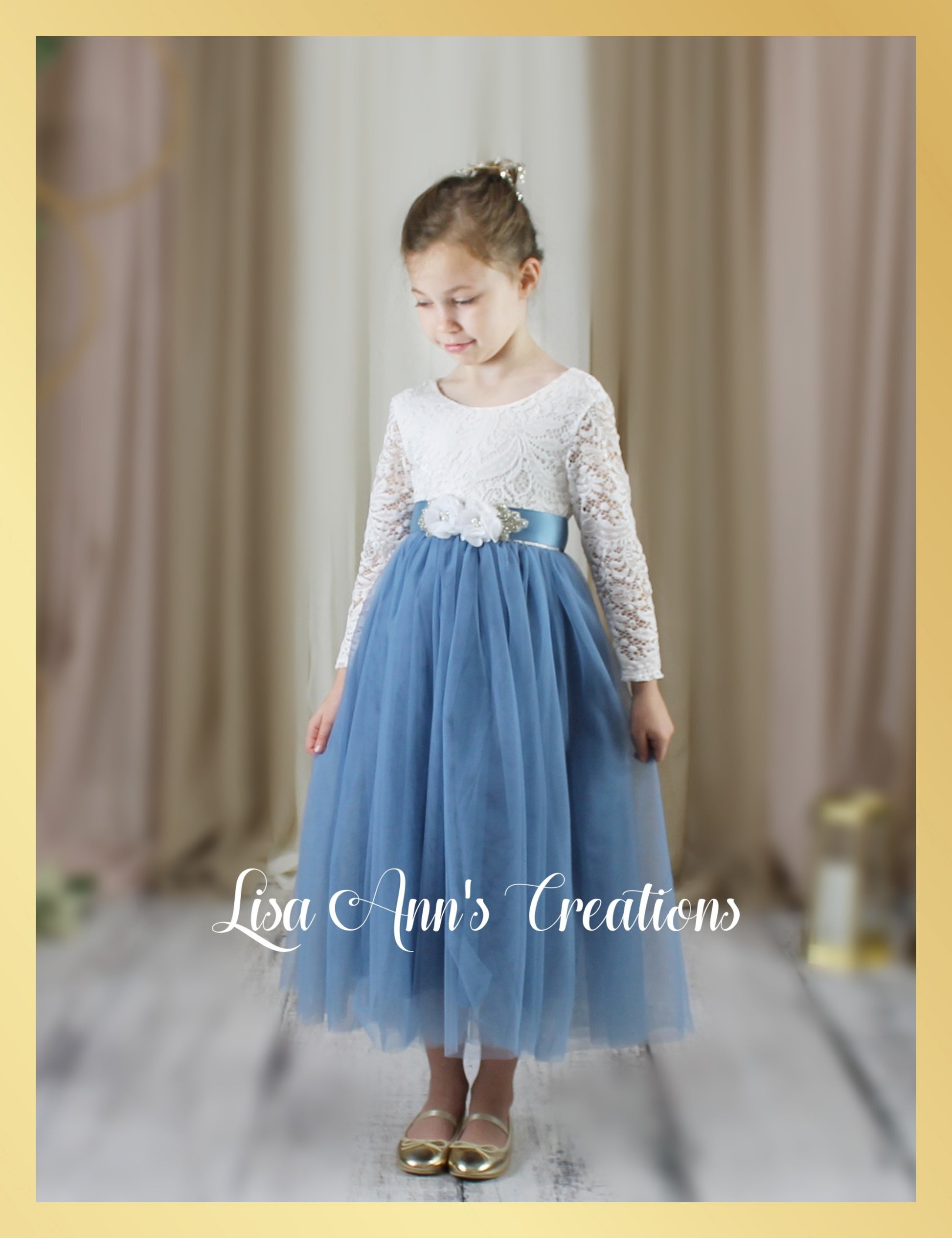 dusty blue flower girl dress in tulle and white lace