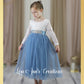 junior bridesmaid dress in dusty blue tulle with white long sleeve lace bodice for winter wedding