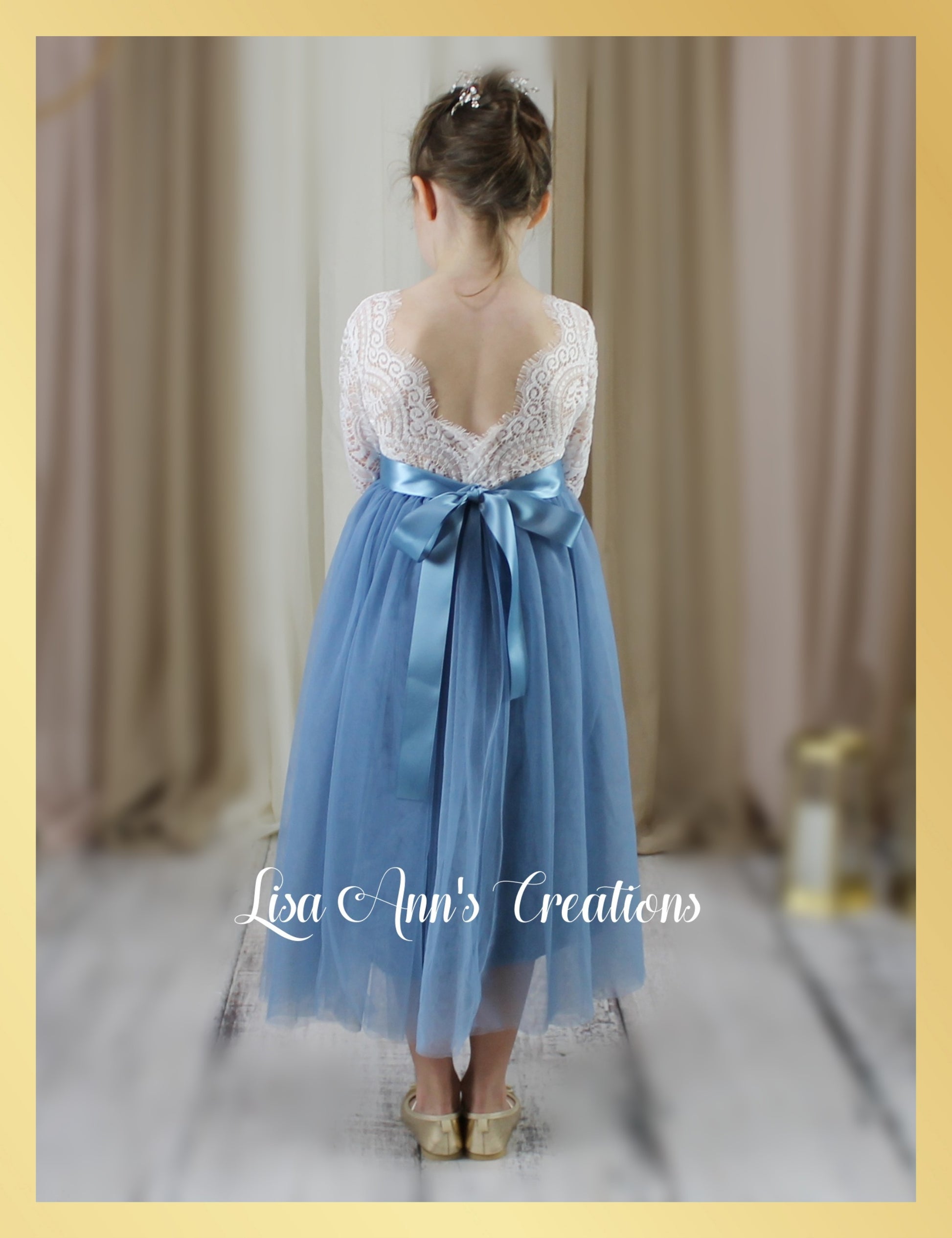 flower girl dress in dusty blue tulle and white lace