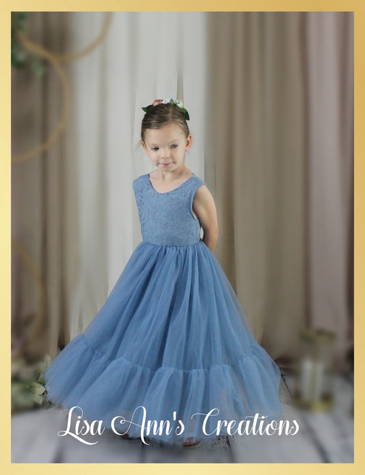 Flower Girl Dress Dusty Blue lace and tulle full length mermaid style